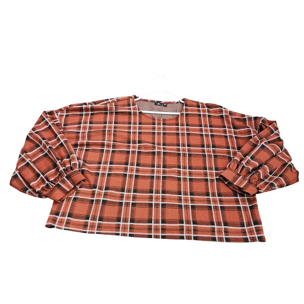 Versona Blouse Womens Plus XXL Orange Plaid Long Balloon Sleeve Flannel Top